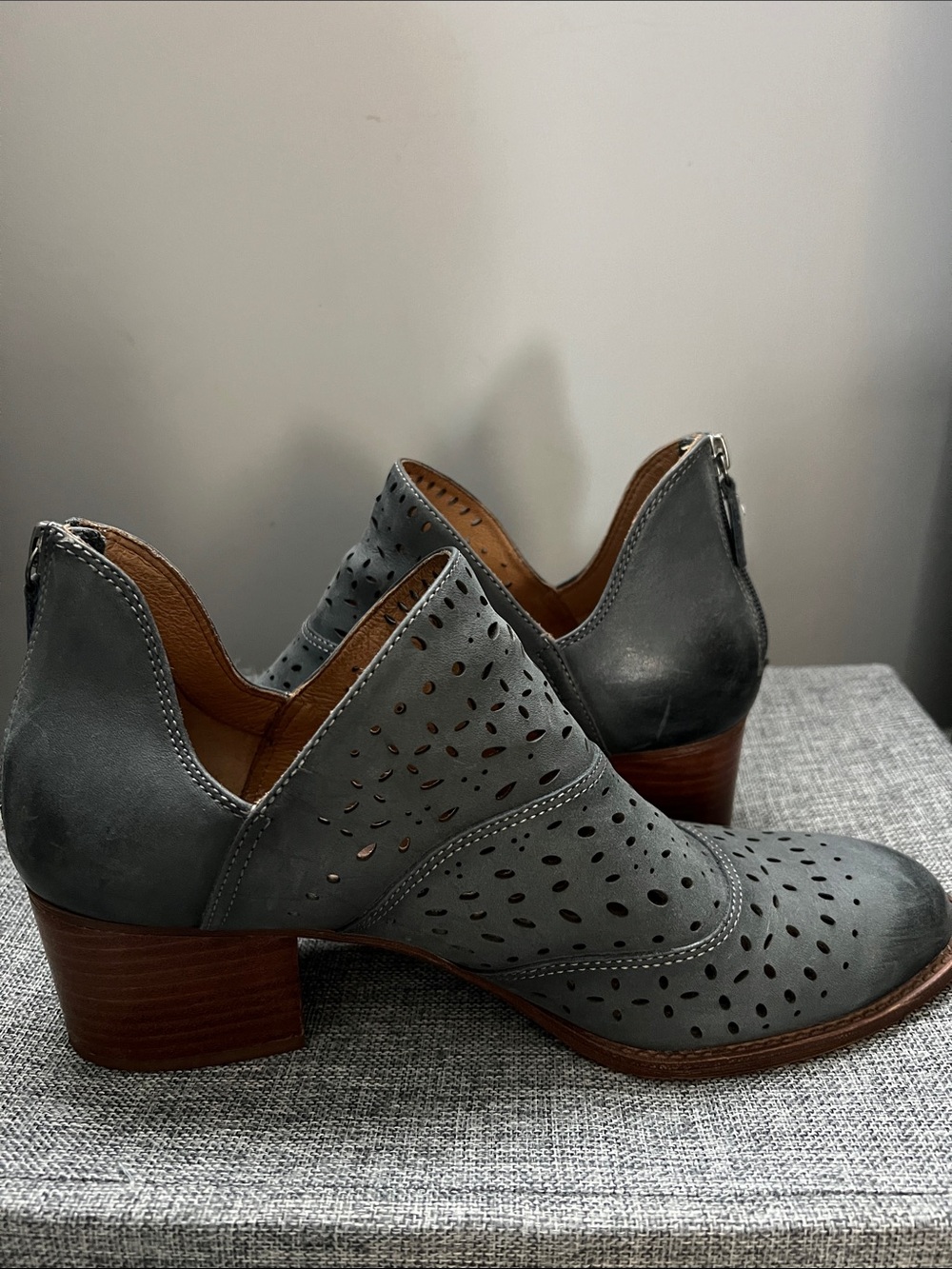 Sofft Denim Color Perforated Leather Heeled Ankle Boots